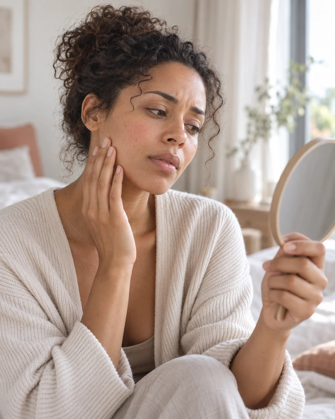 Femme examinant une peau sensible et réactive avec un miroir