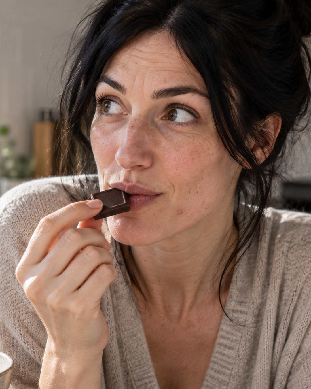 Gros plan d’une jeune femme tenant un carré de chocolat près de son visage