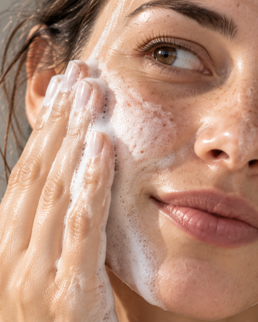 Mousse nettoyante dense et texture crème comparées sur les mains