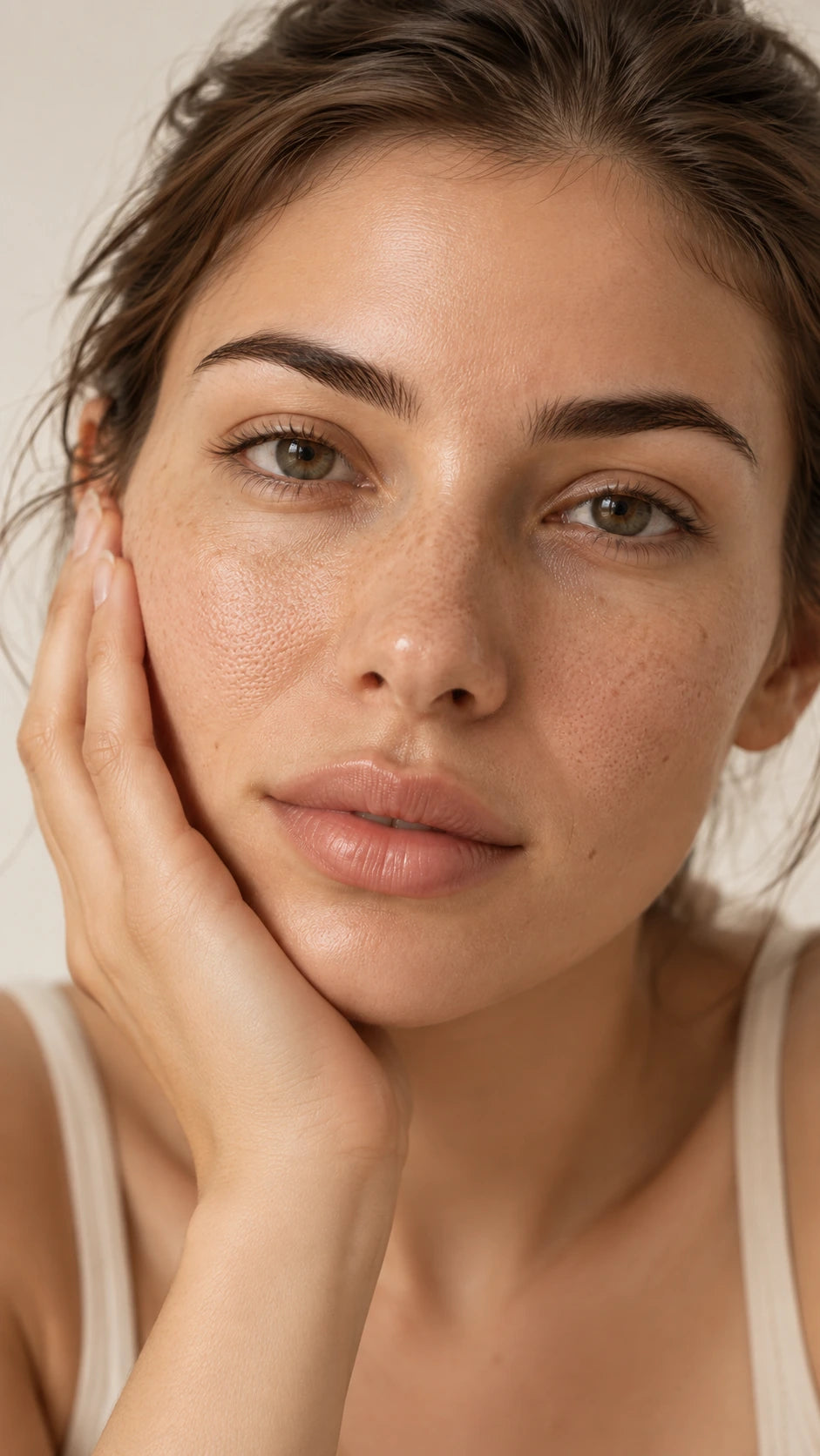 Pores visibles sur le visage d’une femme en gros plan