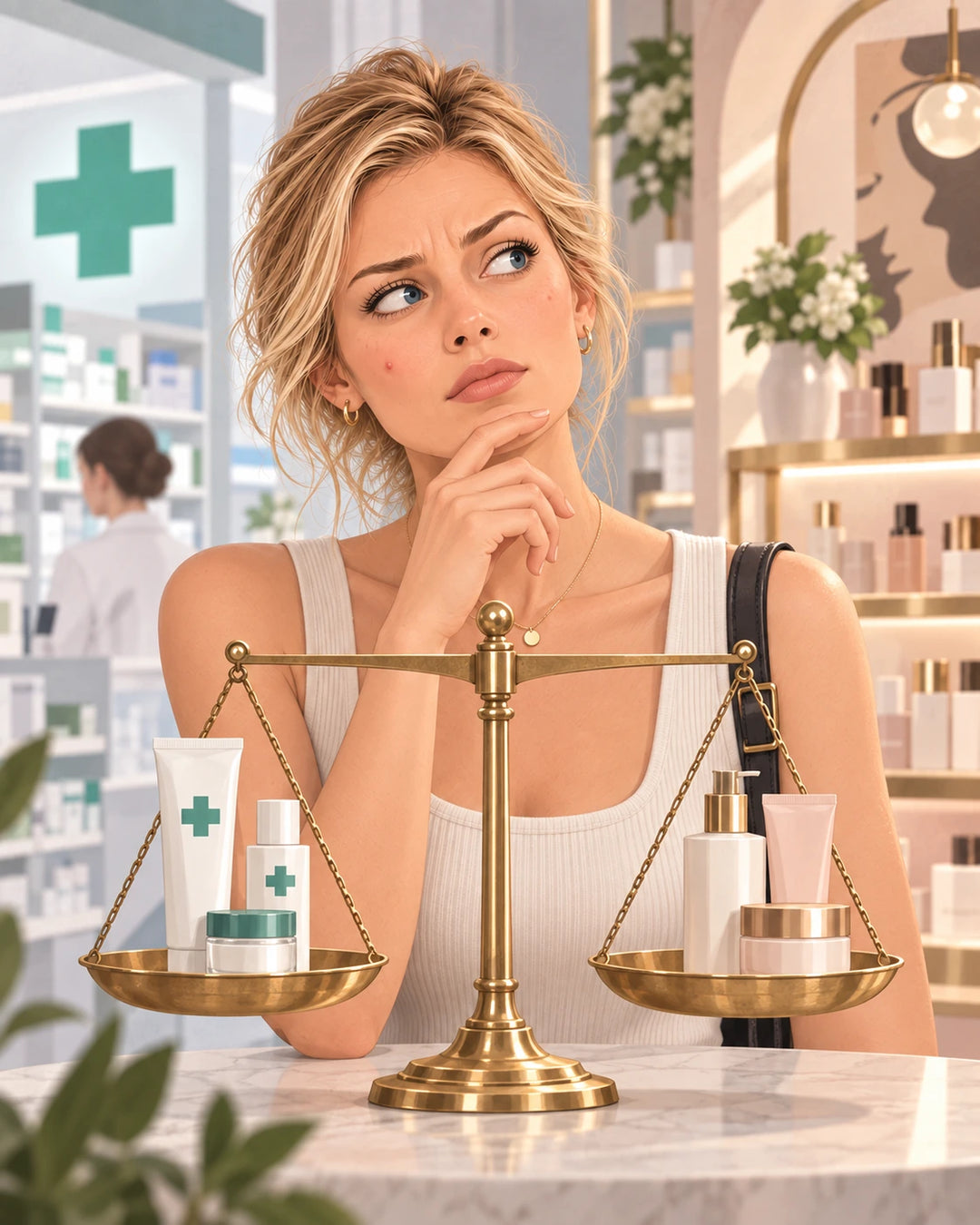 Femme comparant un soin vendu en pharmacie à un soin cosmétique