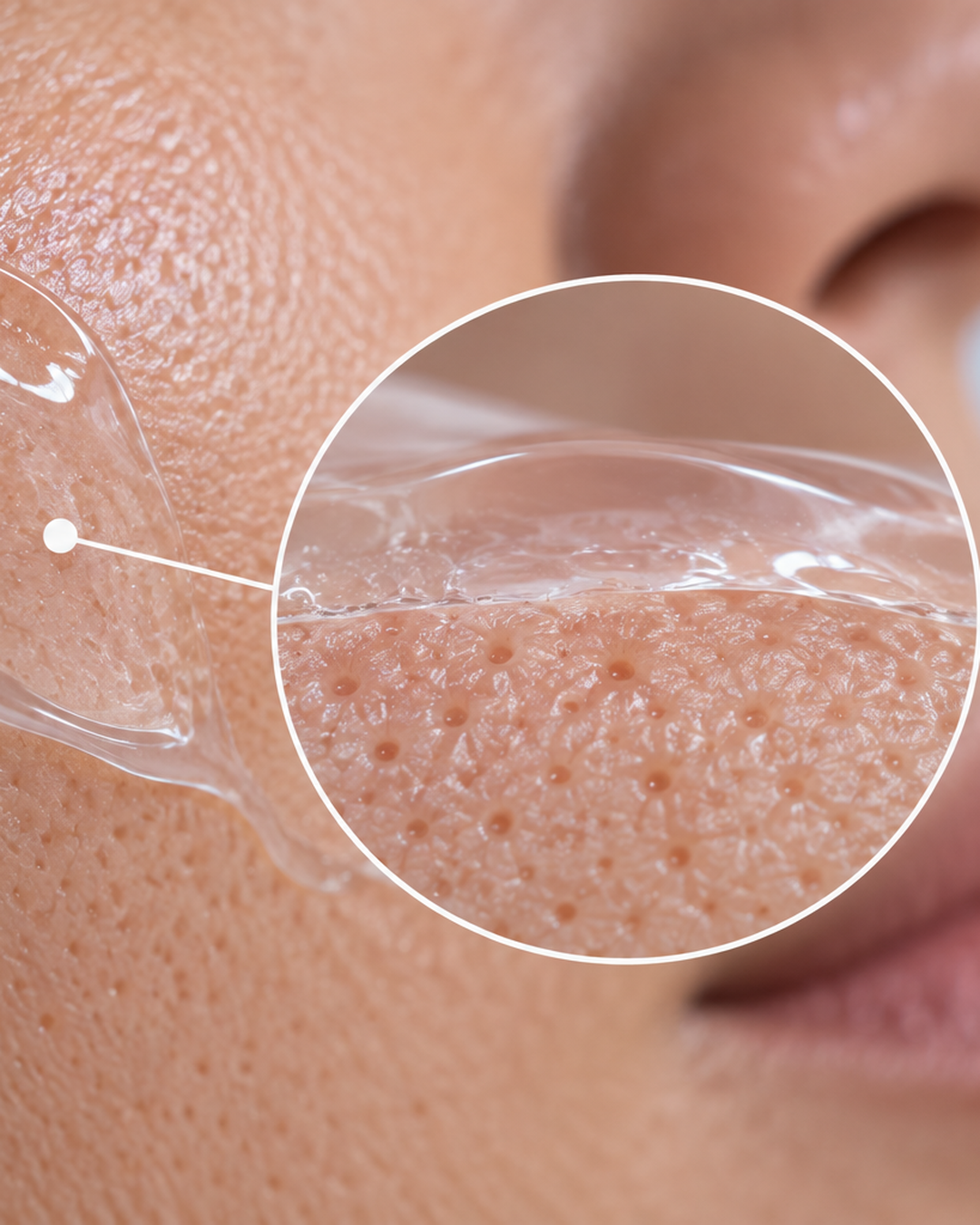 Peau avec pores visibles et fine texture gel transparente en gros plan