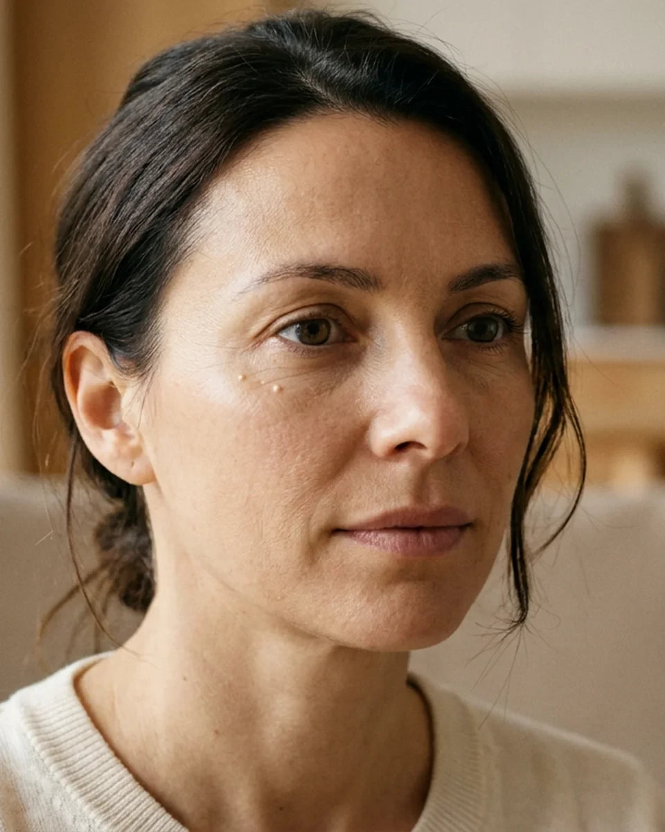 Portrait naturel d’une femme avec de petits grains de milium près de l’œil