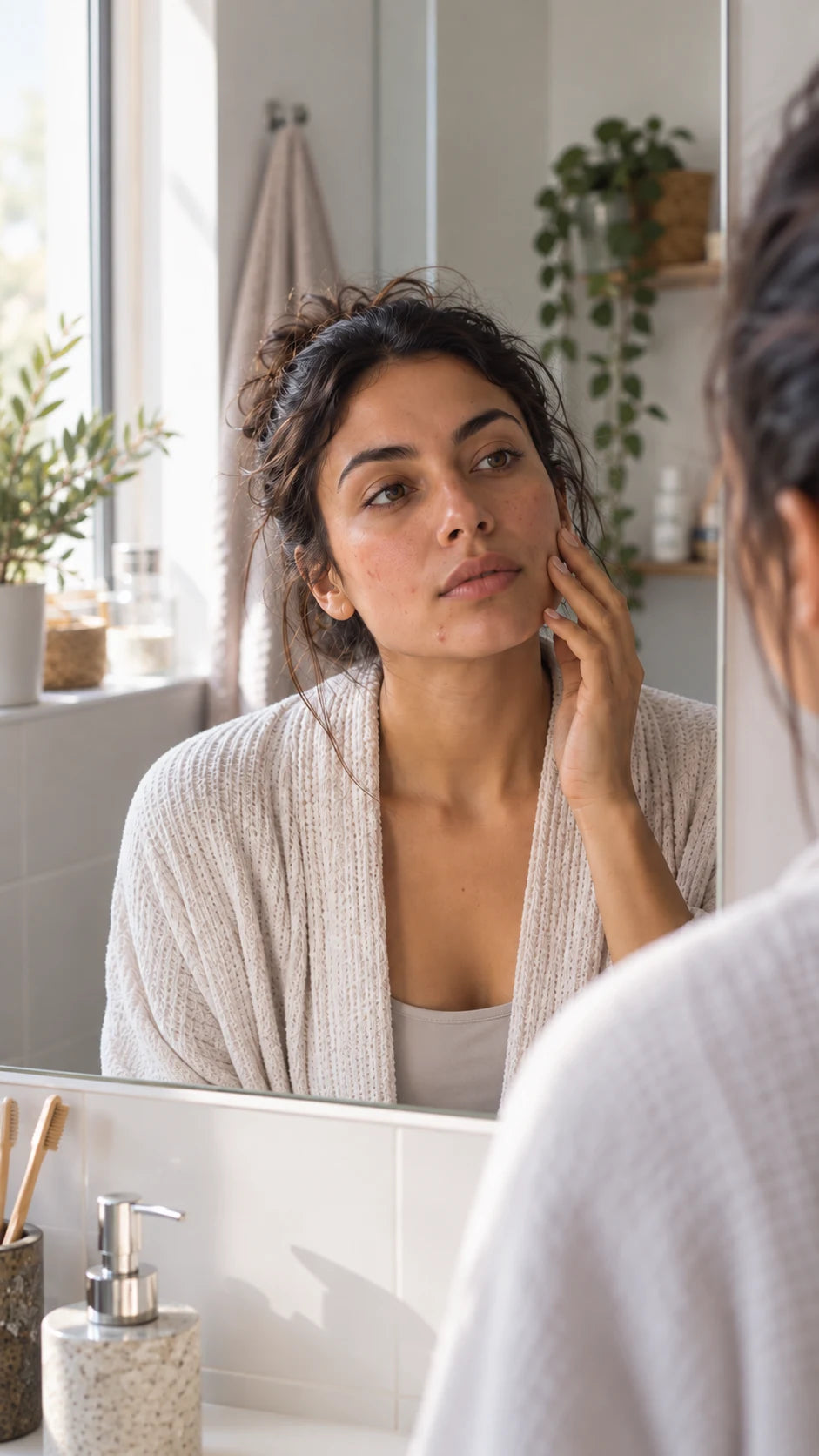 Portrait vertical d’une femme observant les imperfections de sa peau dans un miroir.
