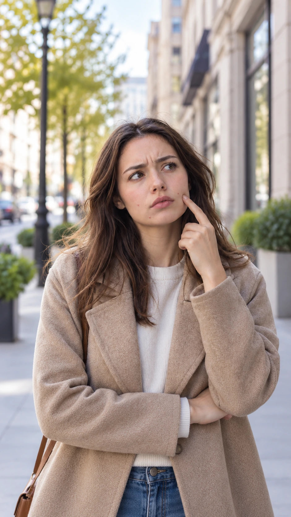 Portrait vertical d’une jeune femme dans la rue, l’air interrogatif, avec quelques boutons visibles