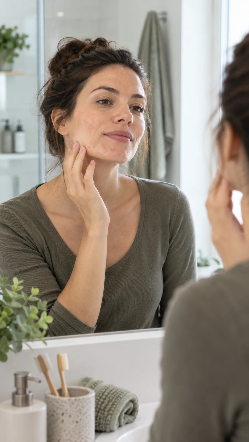 Femme observant sa peau à imperfections devant le miroir, version mobile