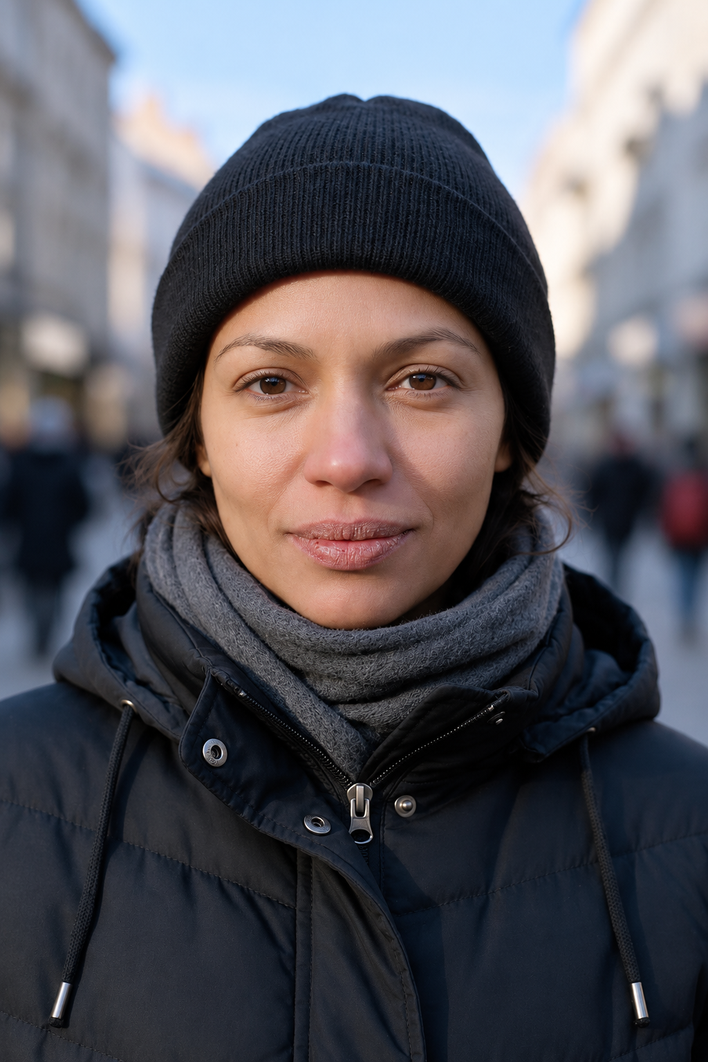 Femme portant un bonnet en ville par temps froid avec des lèvres légèrement sèches