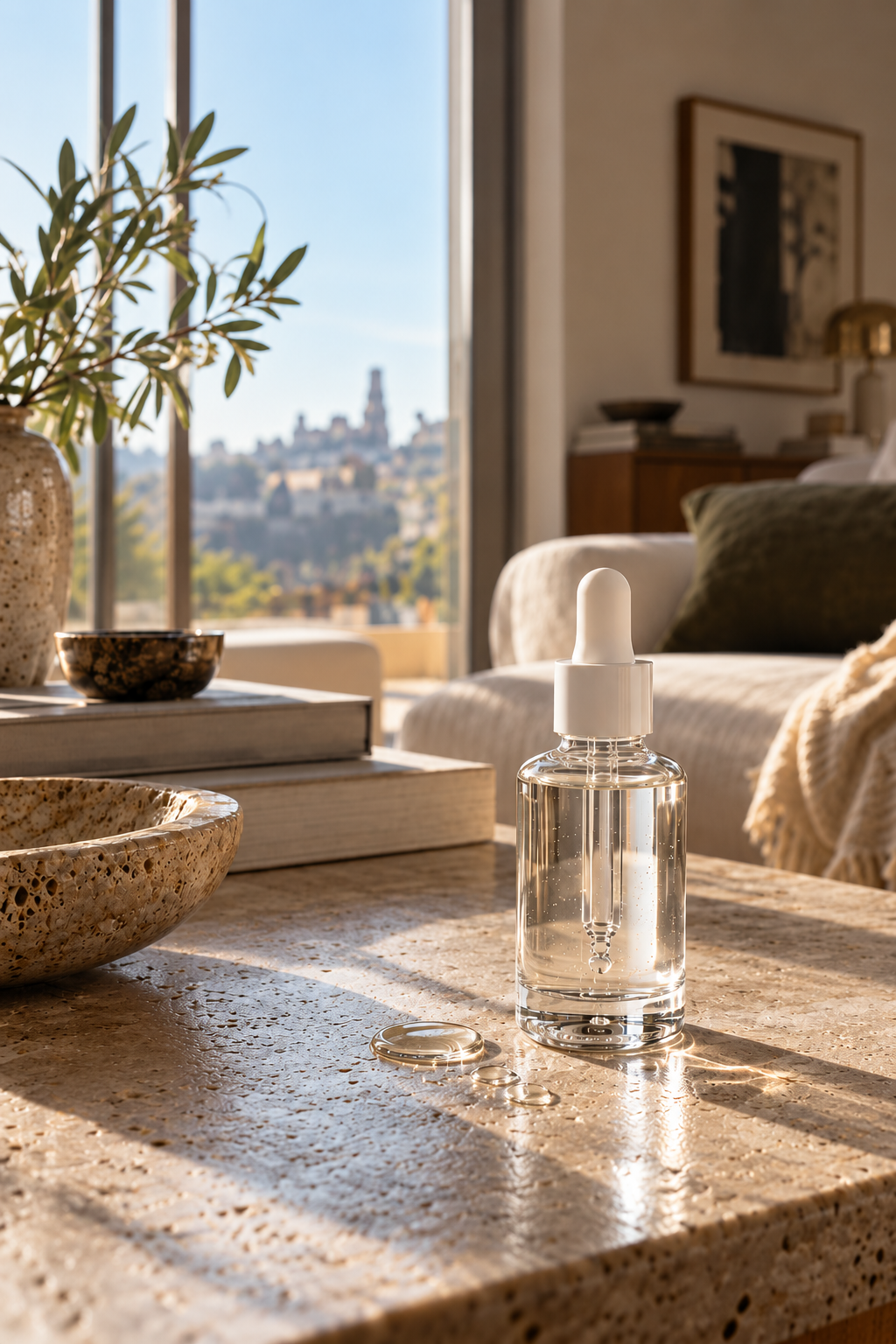 Flacon compte-gouttes transparent sur une table en pierre dans un intérieur moderne