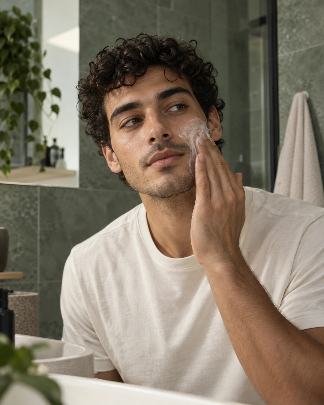 Homme appliquant un nettoyant creme sur le visage dans une salle de bain moderne