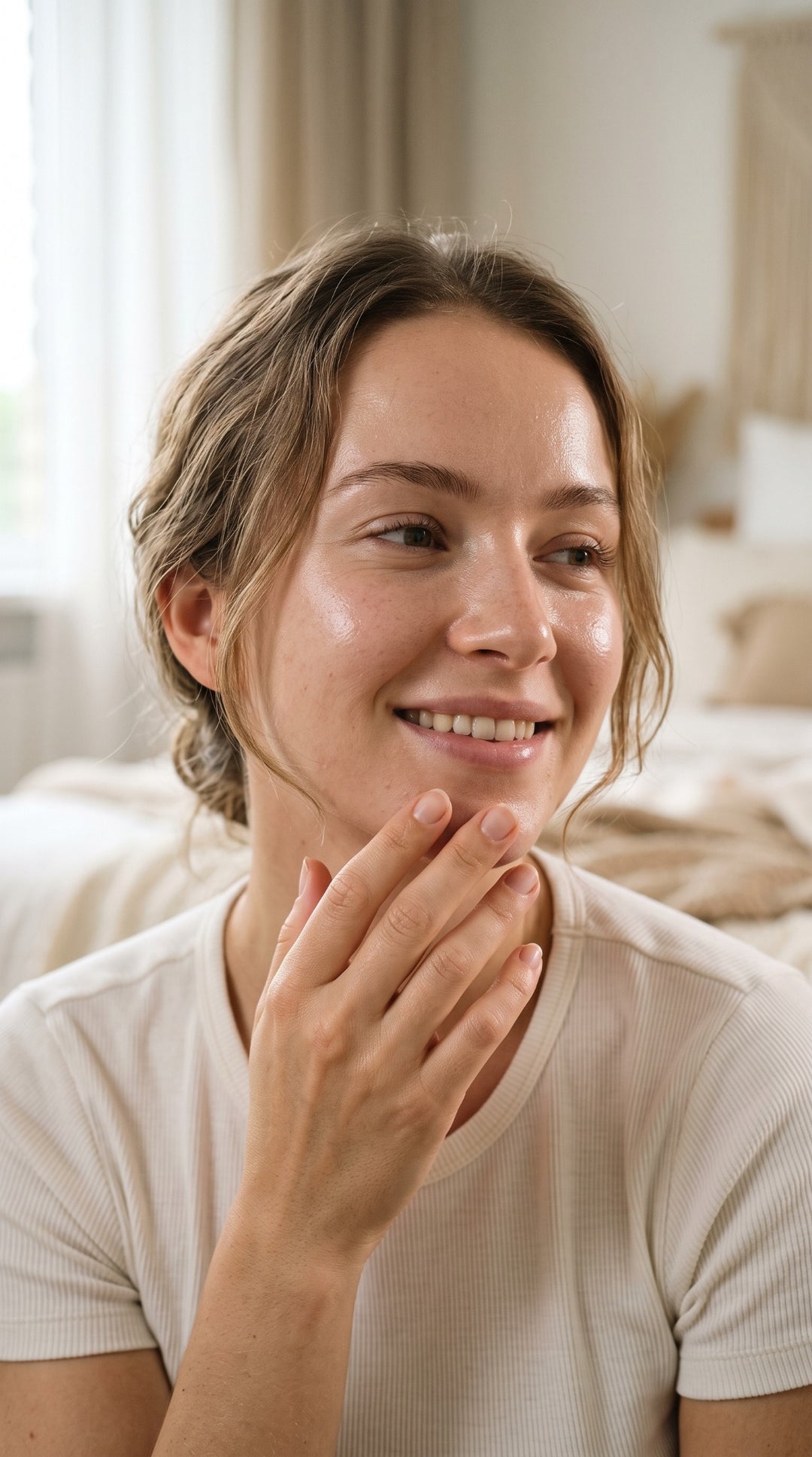Femme observant sa peau après utilisation d’une eau micellaire