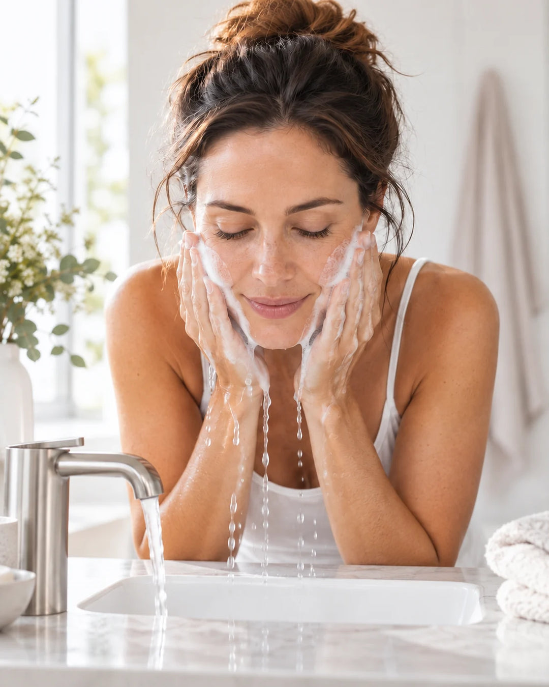 Femme nettoyant doucement son visage, cadrage vertical adapté au mobile