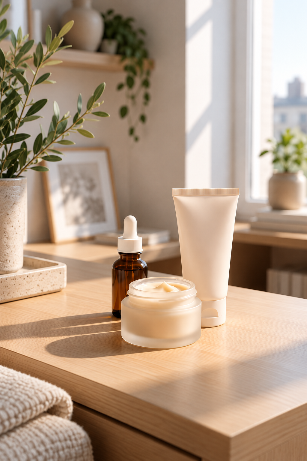 Produits essentiels d’une routine skincare débutant sur une table en bois