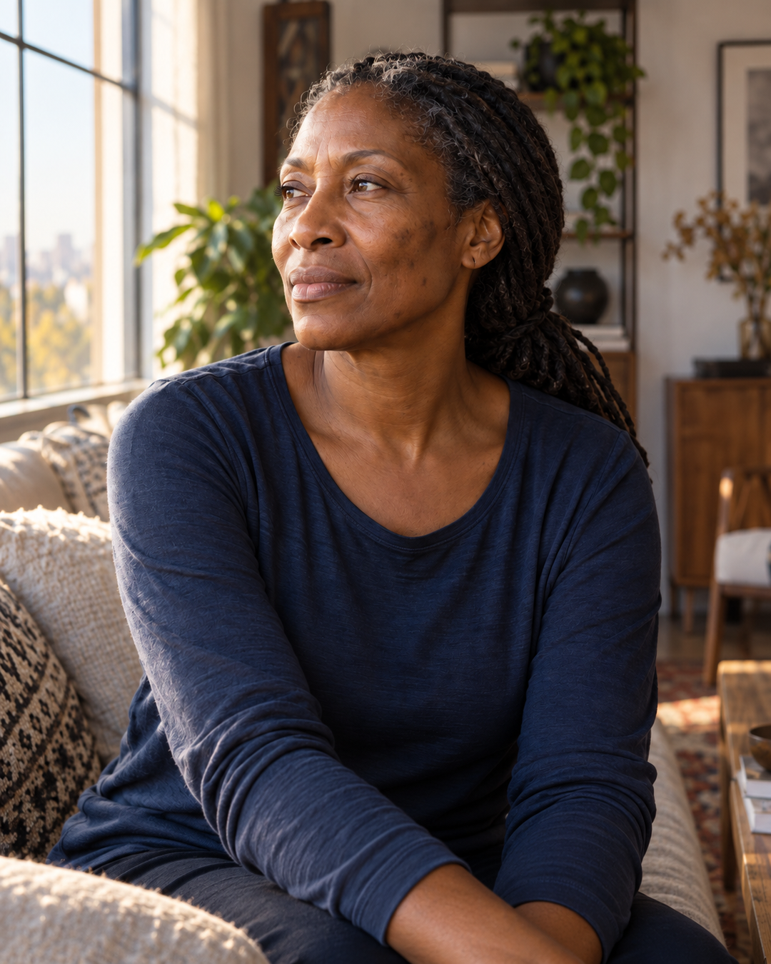Portrait vertical d’une femme à la peau foncée près d’une fenêtre, avec quelques marques pigmentaires visibles