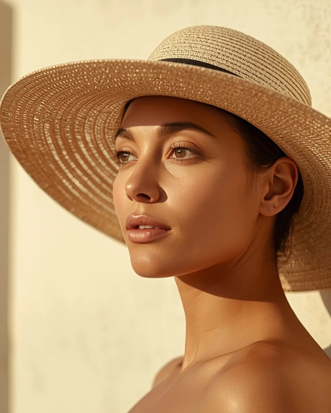 Portrait vertical d’une femme portant un chapeau à larges bords au soleil