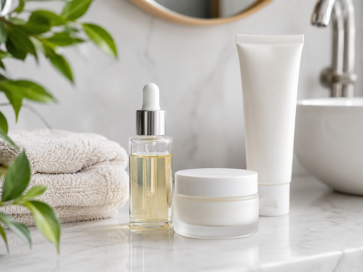 Produits de soin visage disposés sur un comptoir de salle de bain Image