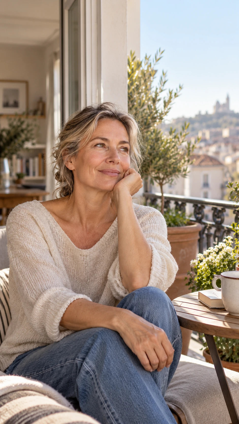 Femme mature assise sur un balcon, cadrée verticalement dans une lumière naturelle.